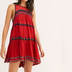 Free People Red Sleeveless Embroidered Dress